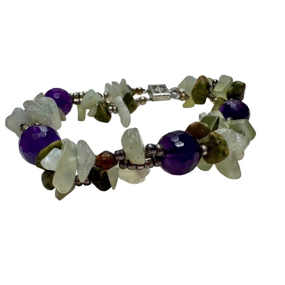 Bracelet Women 7.5" Purple White Green Stone Chips Box Clasp Chunky Boho Jewelry - Picture 1 of 10
